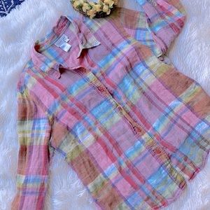 Coldwater Creek Rainbow Linen Flannel Plaid Button Down Shirt Top